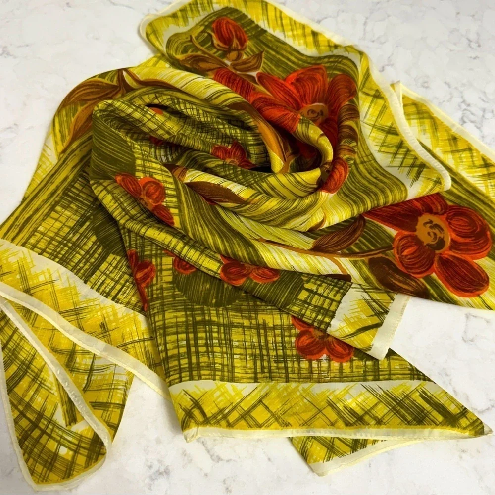 Vintage Floral Geometric Pattern Square Scarf Yellow MCM
